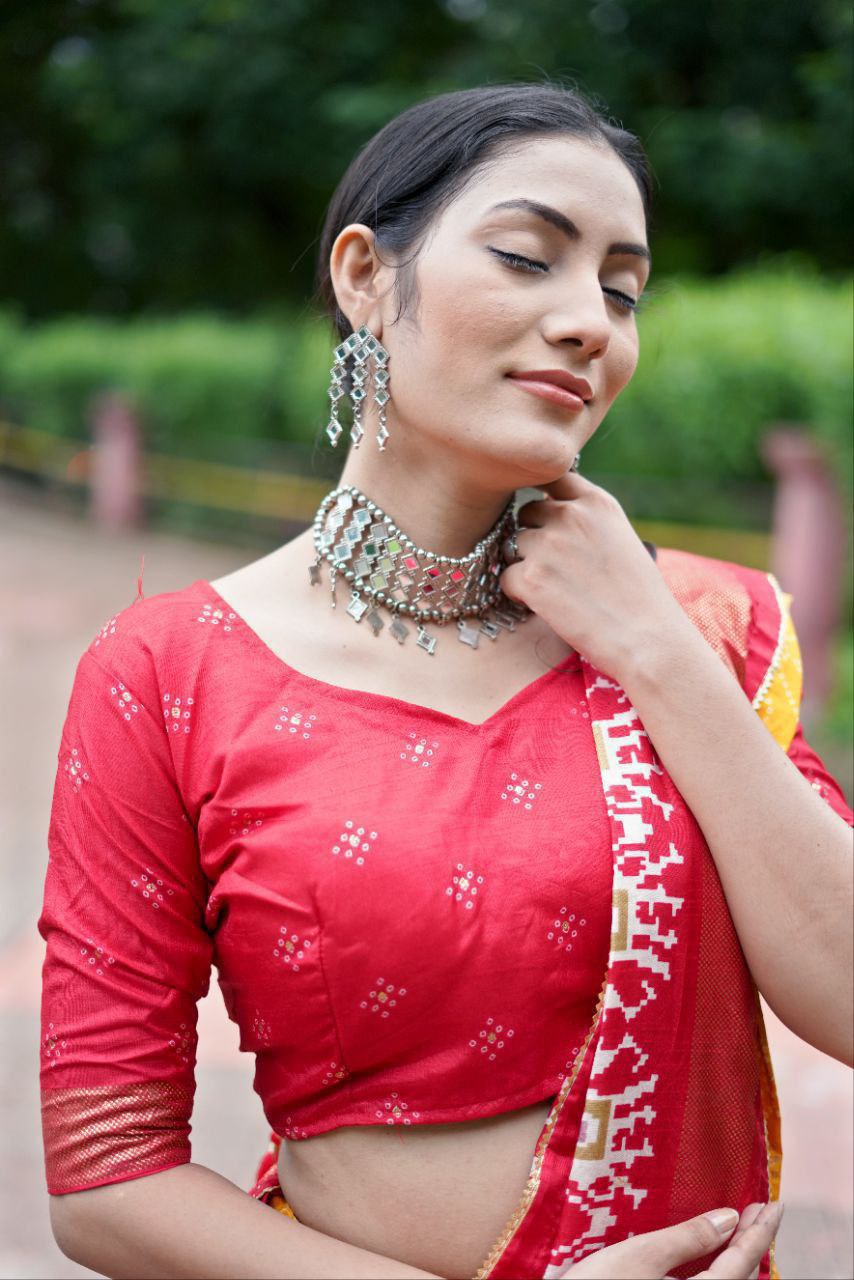 Yellow Dola Silk Lehenga Choli with Vibrant Red Blouse | Bandhej & Ajarakh Print | Wedding & Festive Wear