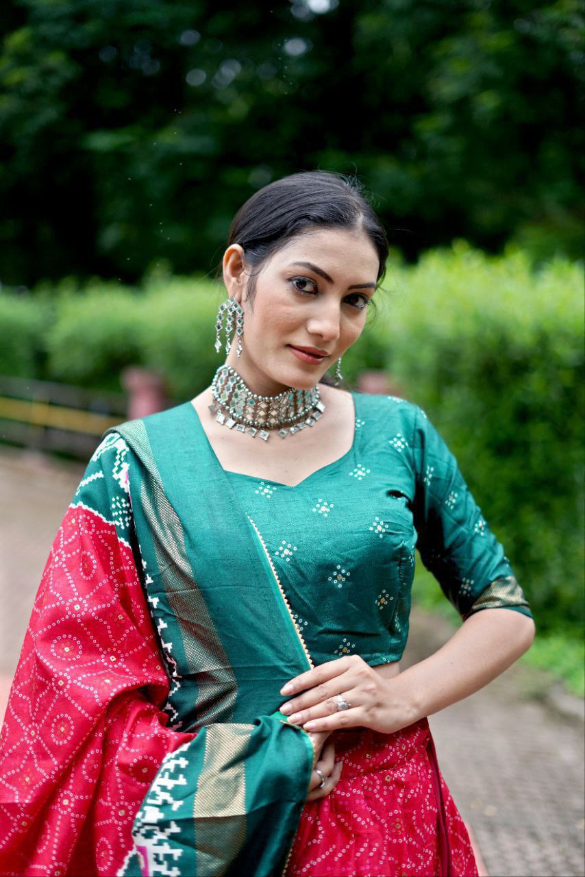 Green Dola Silk Lehenga Choli with Red Blouse | Bandhej & Ajarakh Print | Wedding & Festive Wear