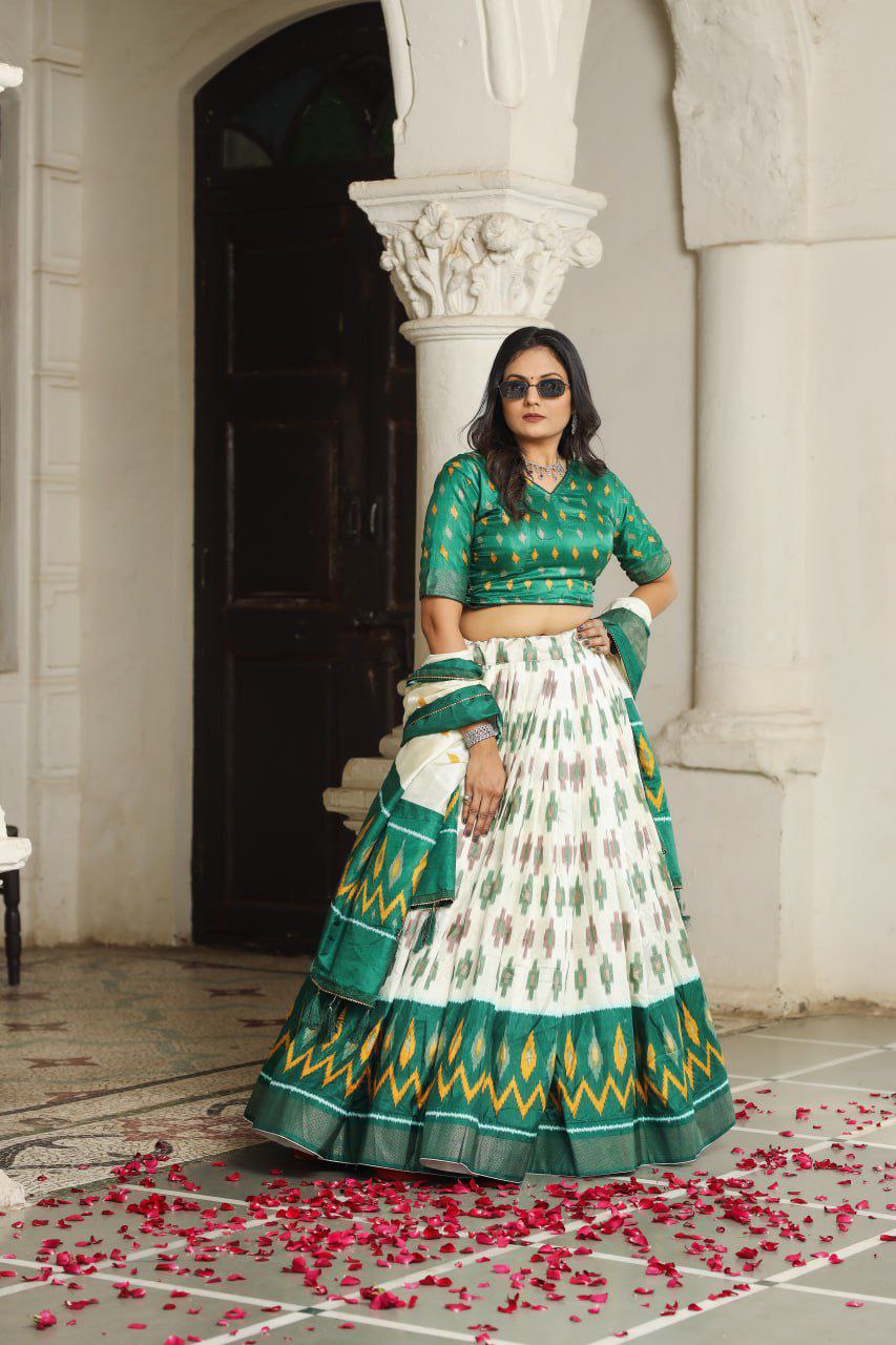 White Dola Silk Lehenga Choli with Bottle Green Blouse | Patola Print & Foil Work | Wedding & Festive Wear