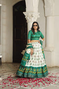 White Dola Silk Lehenga Choli with Bottle Green Blouse | Patola Print & Foil Work | Wedding & Festive Wear