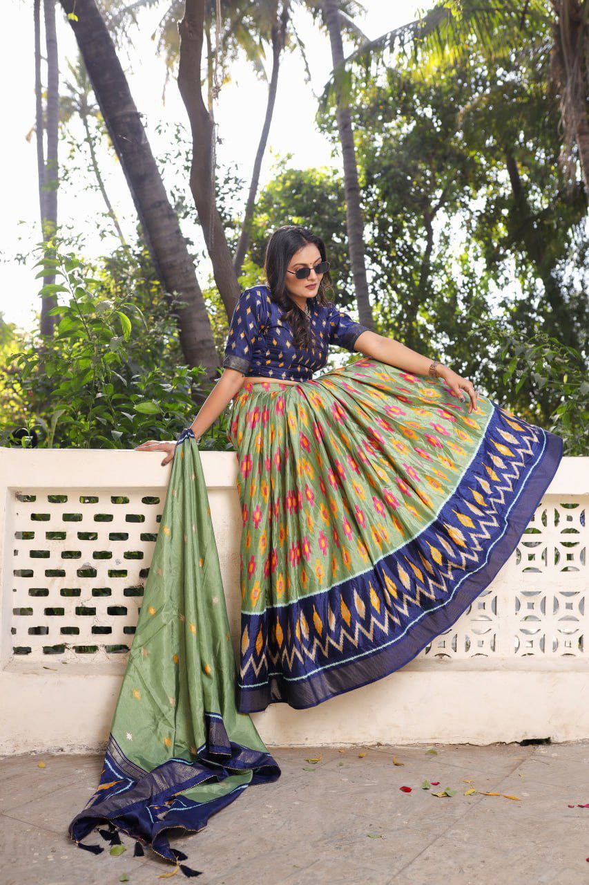Olive Green Dola Silk Lehenga Choli with Blue Blouse | Patola Print & Foil Work | Wedding & Festive Wear