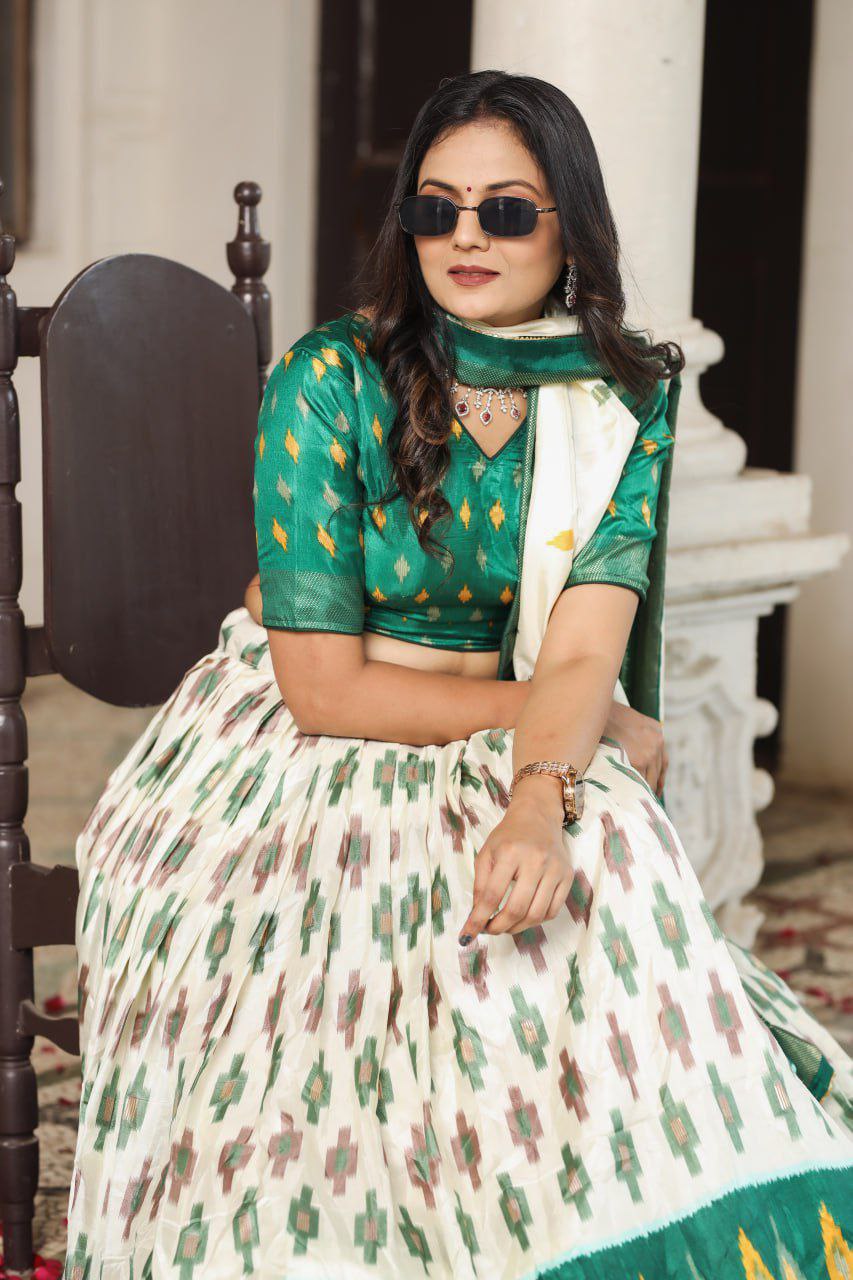 White Dola Silk Lehenga Choli with Bottle Green Blouse | Patola Print & Foil Work | Wedding & Festive Wear