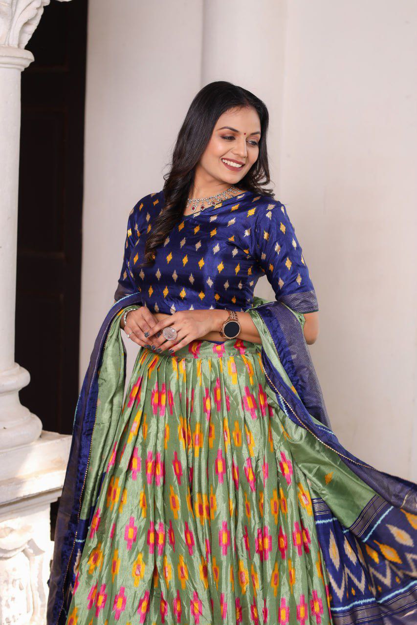 Olive Green Dola Silk Lehenga Choli with Blue Blouse | Patola Print & Foil Work | Wedding & Festive Wear