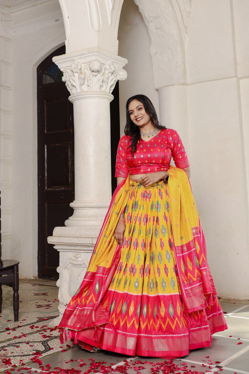 Yellow Dola Silk Lehenga Choli with Red Blouse | Patola Print & Foil Work | Wedding & Festive Wear