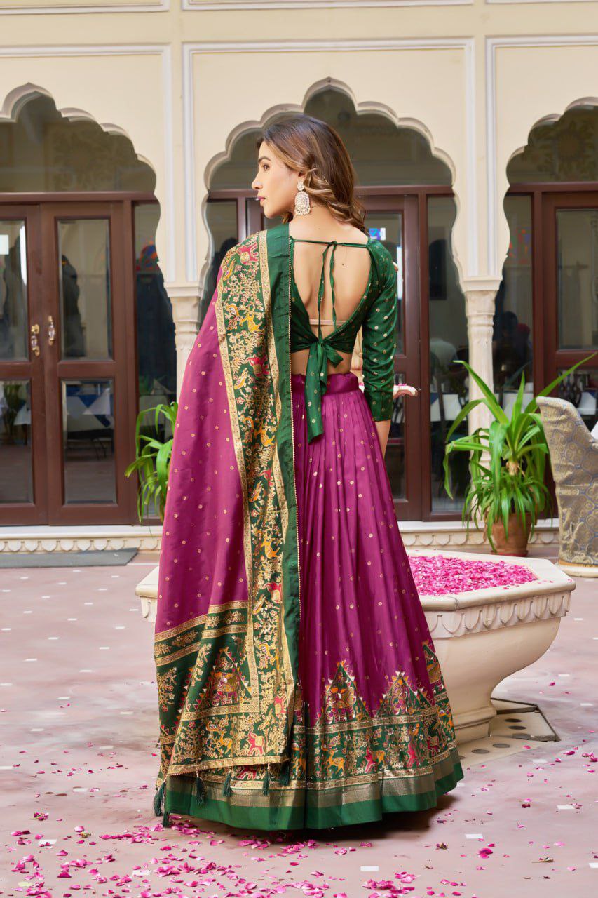 Purple Dola Silk Lehenga Choli with Dark Green Blouse | Bandhej & Ajarakh Print | Wedding & Festive Wear