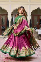 Purple Dola Silk Lehenga Choli with Dark Green Blouse | Bandhej & Ajarakh Print | Wedding & Festive Wear