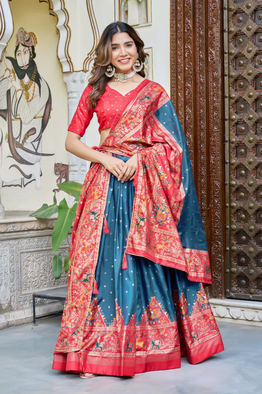 Teal Blue Dola Silk Lehenga Choli with Red Blouse | Bandhej & Ajarakh Print | Wedding & Festive Wear