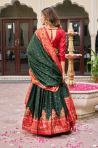 Dark Green Dola Silk Lehenga Choli with Red Blouse | Bandhej & Ajarakh Print | Wedding & Festive Wear