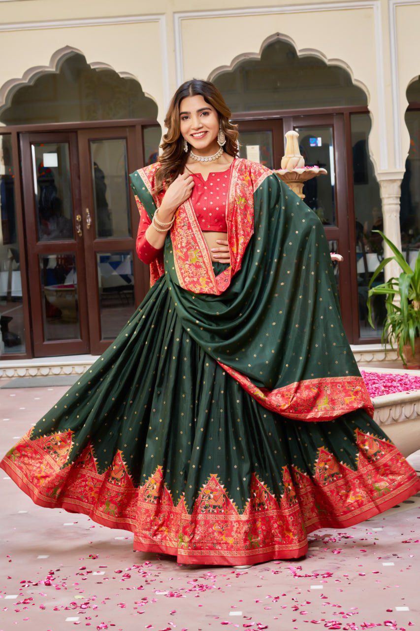 Dark Green Dola Silk Lehenga Choli with Red Blouse | Bandhej & Ajarakh Print | Wedding & Festive Wear