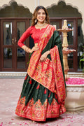 Dark Green Dola Silk Lehenga Choli with Red Blouse | Bandhej & Ajarakh Print | Wedding & Festive Wear