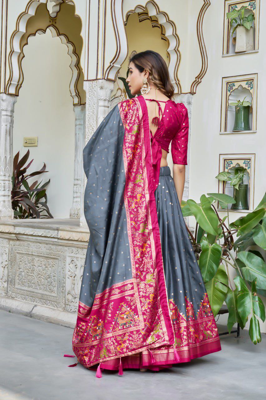 Bottle Green Dola Silk Lehenga Choli with Maroon Blouse | Bandhej & Ajarakh Print | Wedding & Festive Wear