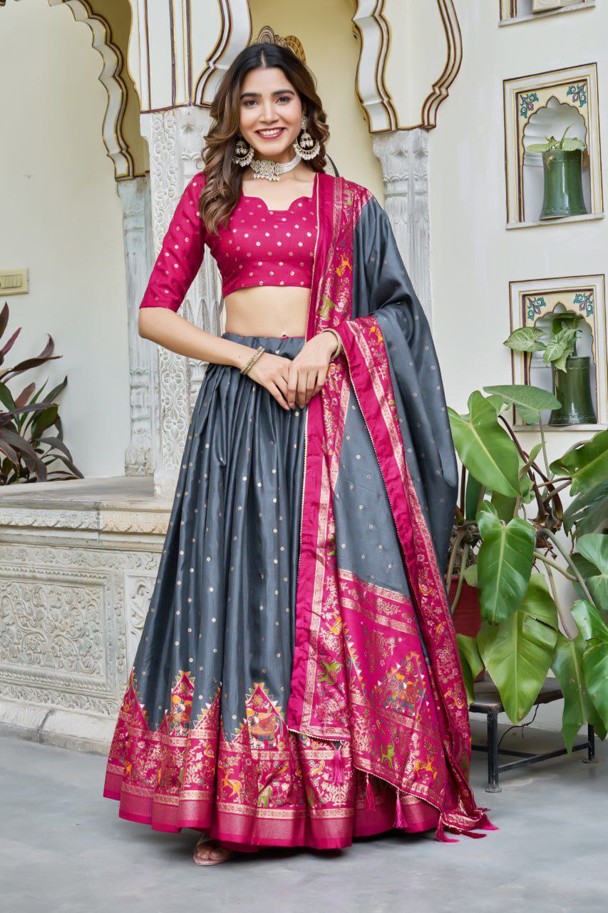 Bottle Green Dola Silk Lehenga Choli with Maroon Blouse | Bandhej & Ajarakh Print | Wedding & Festive Wear