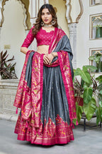 Bottle Green Dola Silk Lehenga Choli with Maroon Blouse | Bandhej & Ajarakh Print | Wedding & Festive Wear