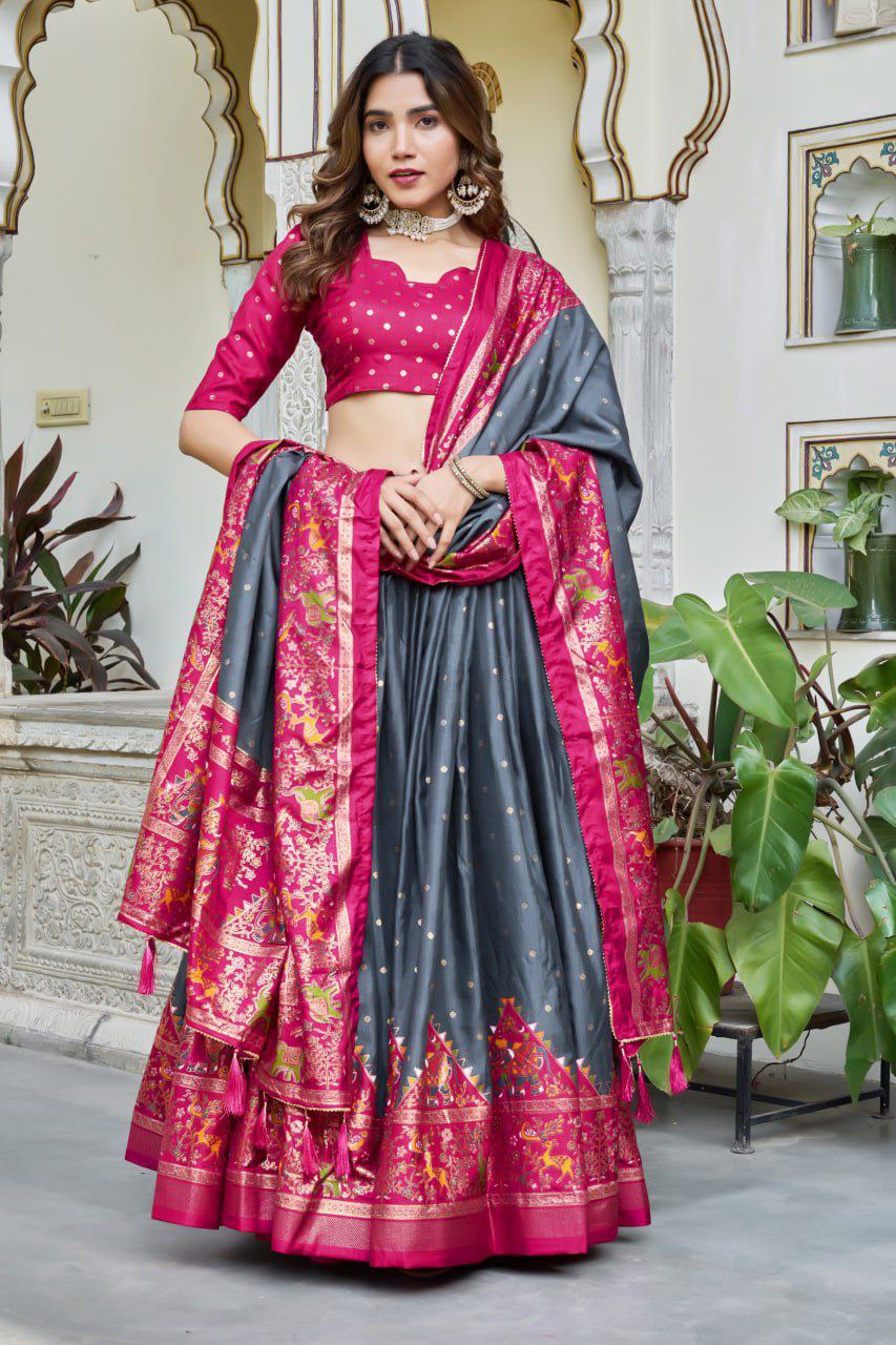 Bottle Green Dola Silk Lehenga Choli with Maroon Blouse | Bandhej & Ajarakh Print | Wedding & Festive Wear