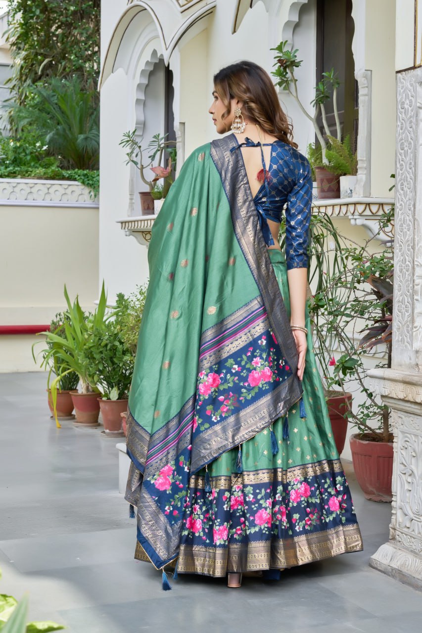 Olive Green Tussar Silk Lehenga Choli with Navy Blue Blouse | Minakari & Foil Print | Wedding & Festive Wear