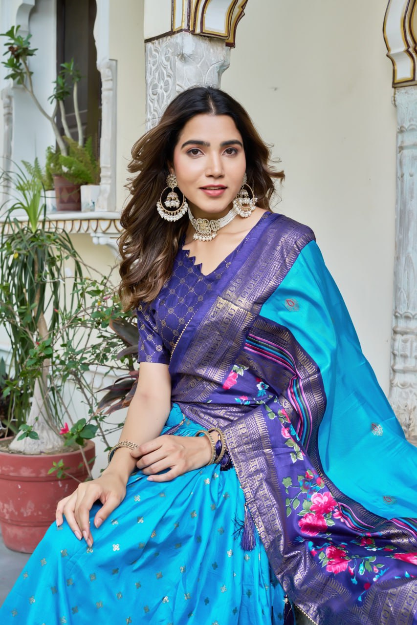 Sky Blue Tussar Silk Lehenga Choli with Dark Blue Blouse | Minakari & Foil Print | Wedding & Festive Wear