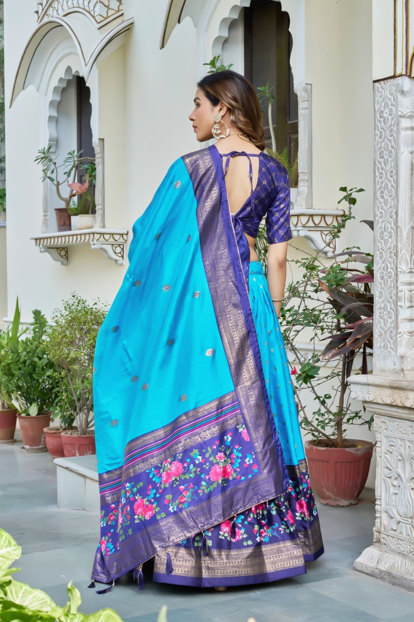 Sky Blue Tussar Silk Lehenga Choli with Dark Blue Blouse | Minakari & Foil Print | Wedding & Festive Wear
