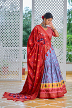 Sky Blue Tussar Silk Lehenga Choli with Red Blouse | Minakari & Foil Print | Wedding & Festive Wear