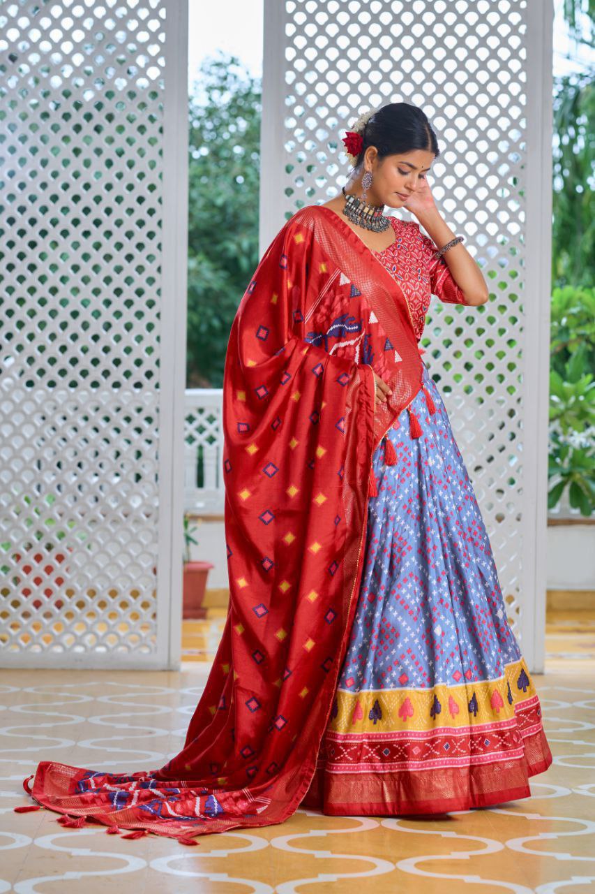 Sky Blue Tussar Silk Lehenga Choli with Red Blouse | Minakari & Foil Print | Wedding & Festive Wear