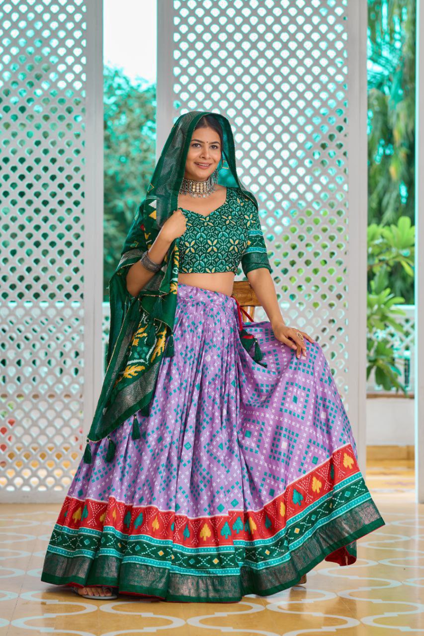 Light Baby Pink Tussar Silk Lehenga Choli with Green Blouse | Minakari & Foil Print | Wedding & Festive Wear