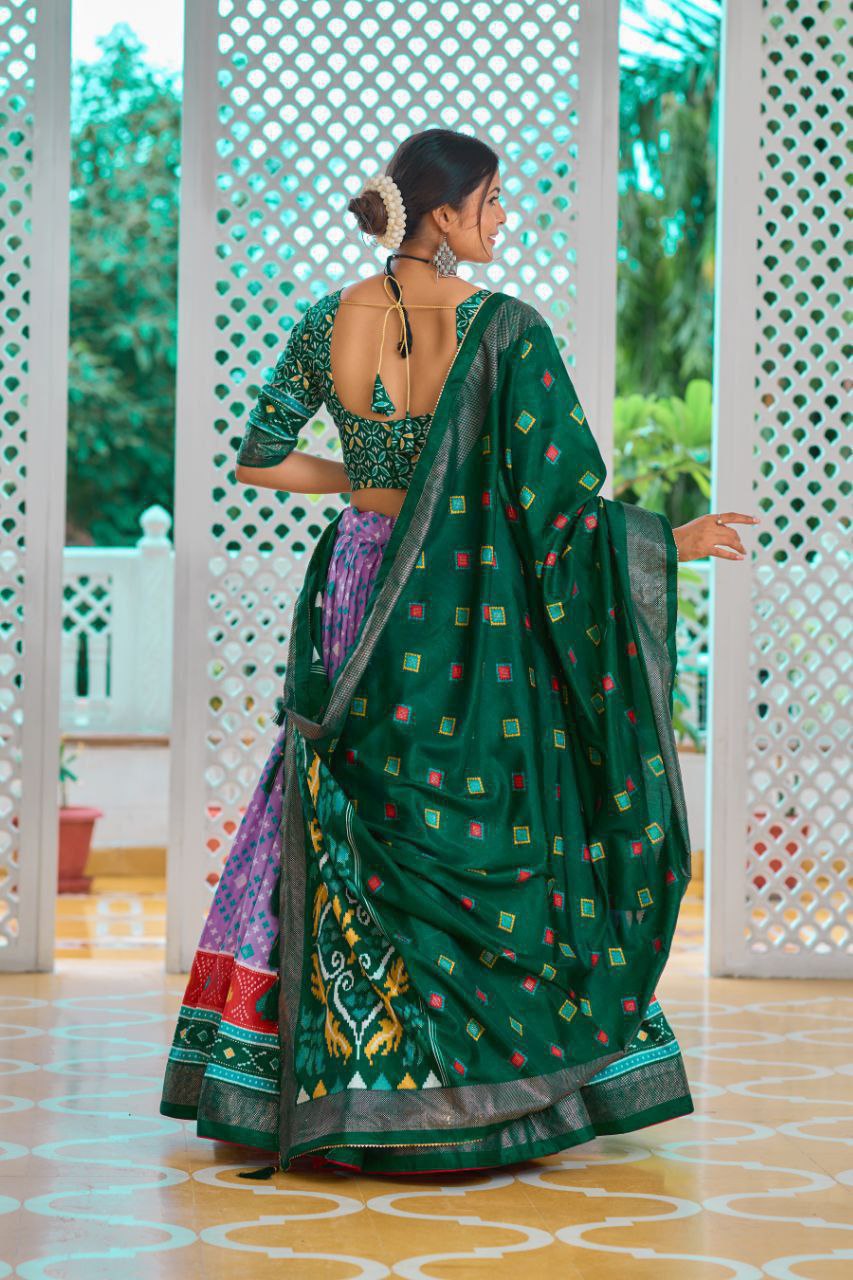 Light Baby Pink Tussar Silk Lehenga Choli with Green Blouse | Minakari & Foil Print | Wedding & Festive Wear