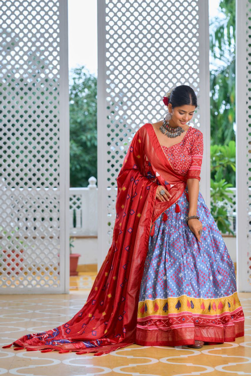 Sky Blue Tussar Silk Lehenga Choli with Red Blouse | Minakari & Foil Print | Wedding & Festive Wear