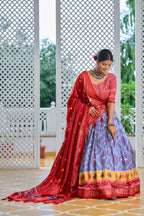 Sky Blue Tussar Silk Lehenga Choli with Red Blouse | Minakari & Foil Print | Wedding & Festive Wear