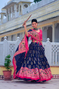 Blue Tussar Silk Lehenga Choli with Pink Blouse | Bandhani Peacock & Foil Print | Wedding & Festive Wear