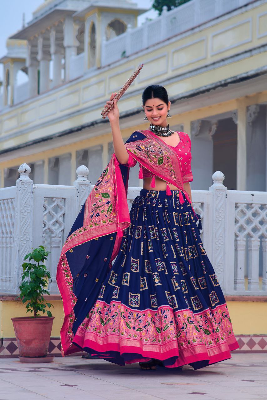 Blue Tussar Silk Lehenga Choli with Pink Blouse | Bandhani Peacock & Foil Print | Wedding & Festive Wear