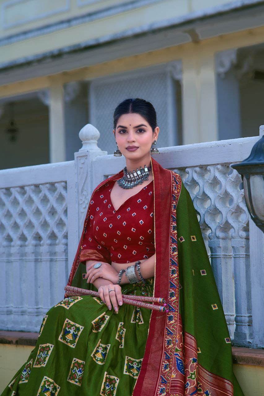 Mehndi Green Tussar Silk Lehenga Choli with Maroon Blouse | Bandhani Peacock & Foil Print | Wedding & Festive Wear