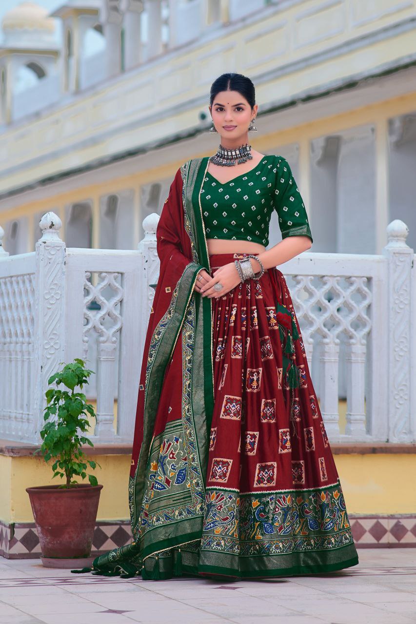 Maroon Tussar Silk Lehenga Choli with Dark Green Blouse | Bandhani Peacock & Foil Print | Wedding & Festive Wear