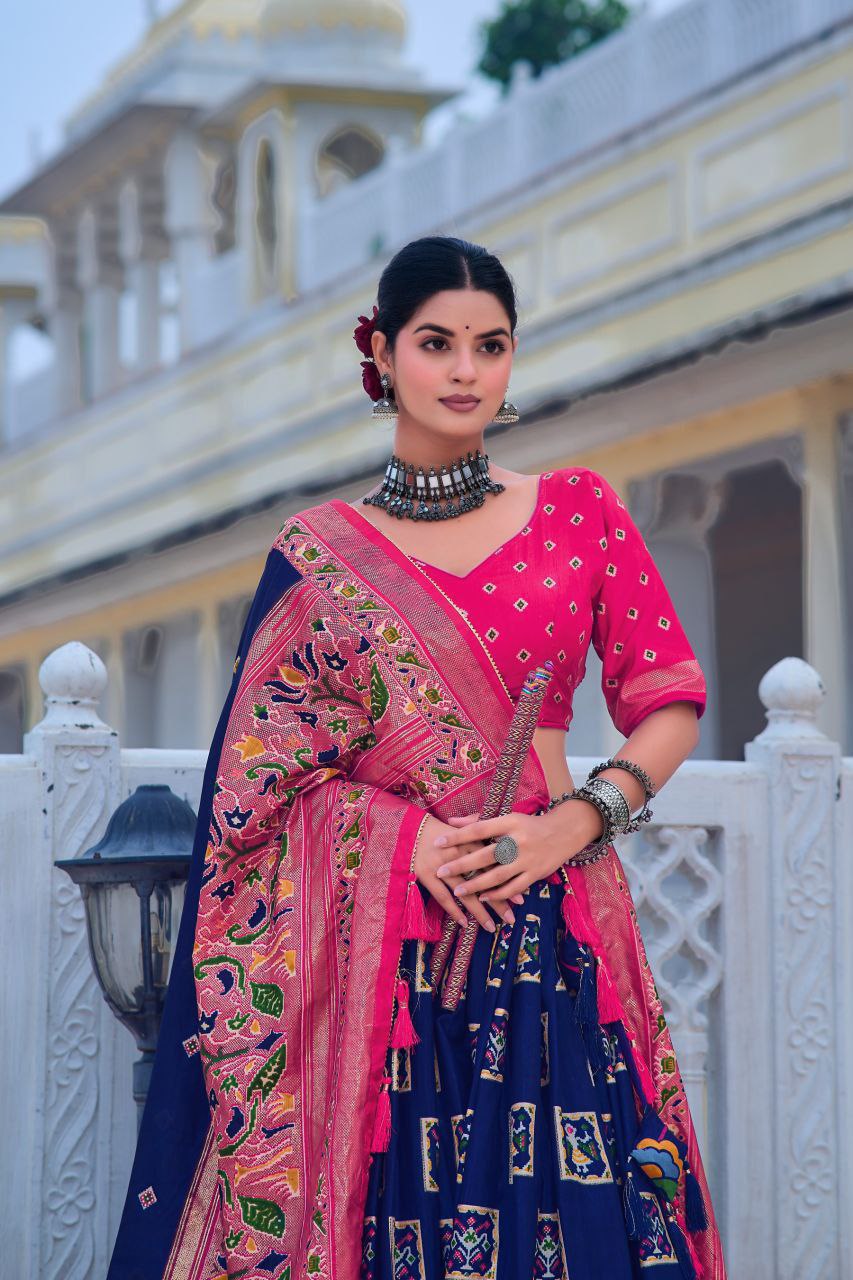 Blue Tussar Silk Lehenga Choli with Pink Blouse | Bandhani Peacock & Foil Print | Wedding & Festive Wear