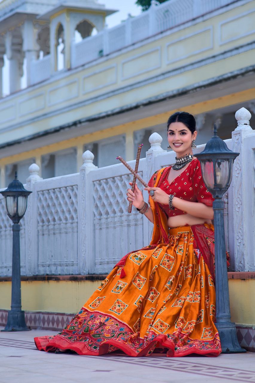 Orange Tussar Silk Lehenga Choli with Red Blouse | Bandhani Peacock & Foil Print | Wedding & Festive Wear