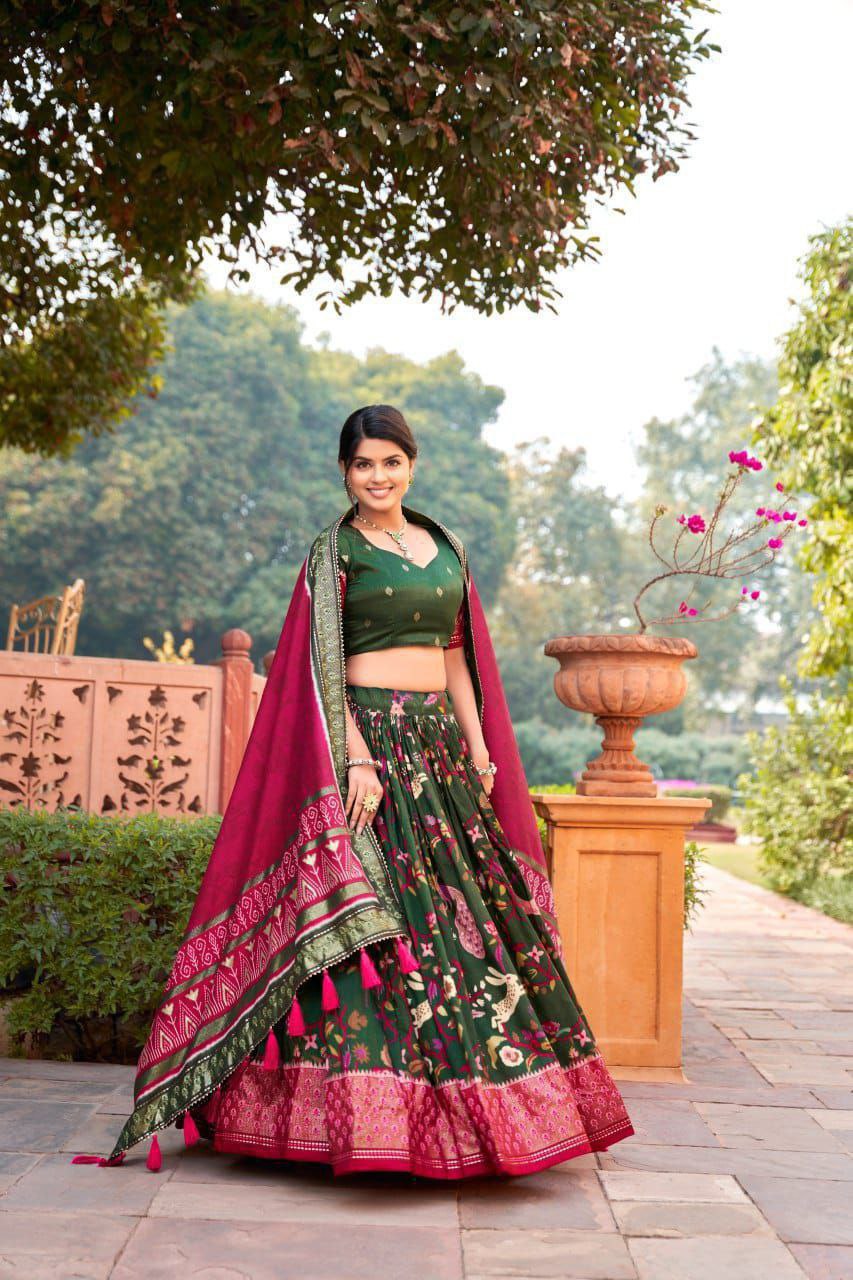Maroon Tussar Silk Lehenga Choli with Forest Green Blouse | Minakari & Foil Print | Wedding & Festive Wear