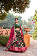 Maroon Tussar Silk Lehenga Choli with Forest Green Blouse | Minakari & Foil Print | Wedding & Festive Wear