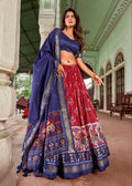 Maroon Tussar Silk Lehenga Choli with Navy Blue Blouse | Minakari & Foil Print | Wedding & Festive Wear