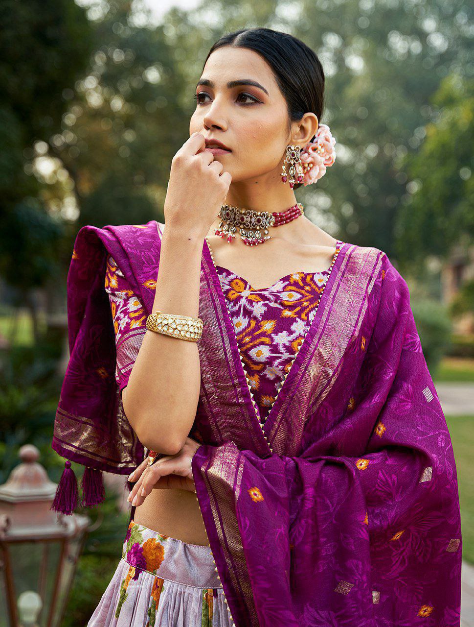 White Tussar Silk Lehenga Choli with Maroon Blouse | Patola Print & Foil Work | Wedding & Festive Wear
