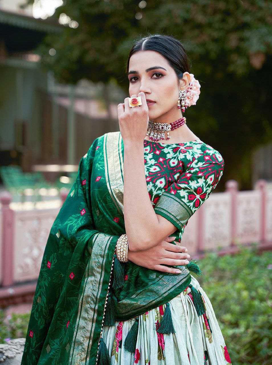 [Lehenga Color] Tussar Silk Lehenga Choli with [Blouse Color] Blouse | Patola Print & Foil Work | Wedding & Festive Wear