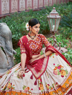 White Tussar Silk Lehenga Choli with Red Blouse | Patola Print & Foil Work | Wedding & Festive Wear