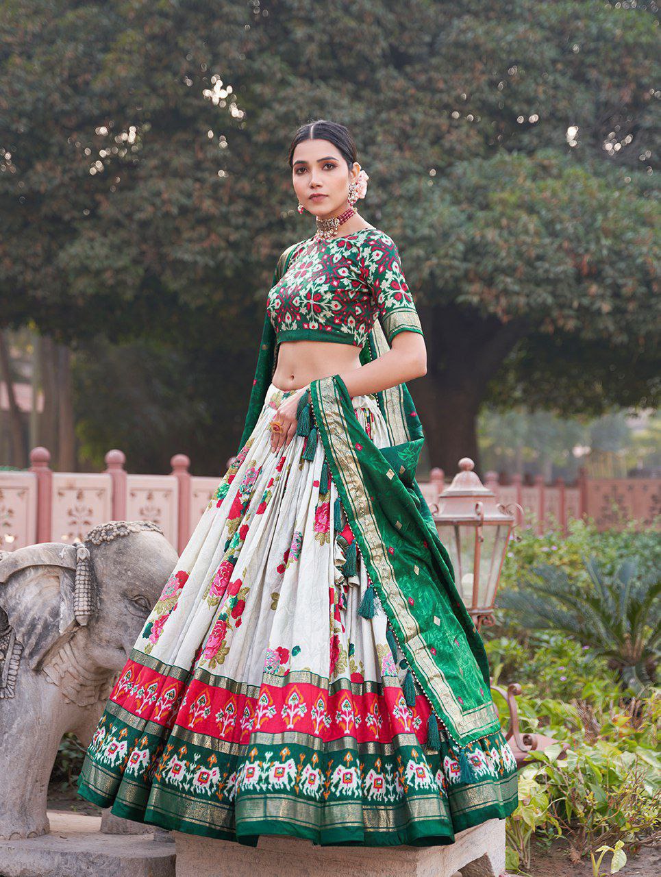 [Lehenga Color] Tussar Silk Lehenga Choli with [Blouse Color] Blouse | Patola Print & Foil Work | Wedding & Festive Wear