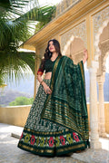 White Tussar Silk Lehenga Choli with Bottle Green Blouse | Patola Print & Foil Work | Wedding & Festive Wear