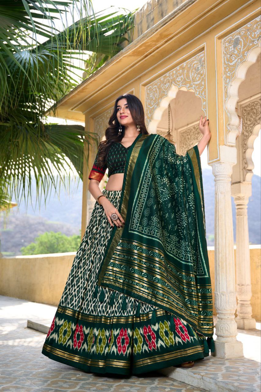 White Tussar Silk Lehenga Choli with Bottle Green Blouse | Patola Print & Foil Work | Wedding & Festive Wear