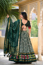 White Tussar Silk Lehenga Choli with Bottle Green Blouse | Patola Print & Foil Work | Wedding & Festive Wear