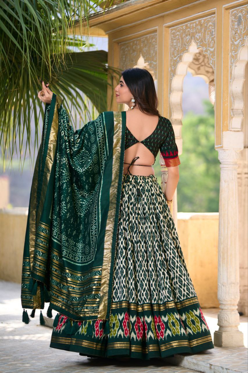 White Tussar Silk Lehenga Choli with Bottle Green Blouse | Patola Print & Foil Work | Wedding & Festive Wear