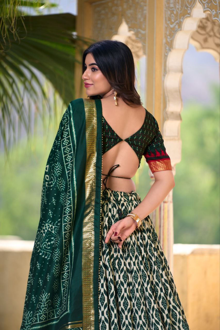 White Tussar Silk Lehenga Choli with Bottle Green Blouse | Patola Print & Foil Work | Wedding & Festive Wear