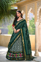 White Tussar Silk Lehenga Choli with Bottle Green Blouse | Patola Print & Foil Work | Wedding & Festive Wear