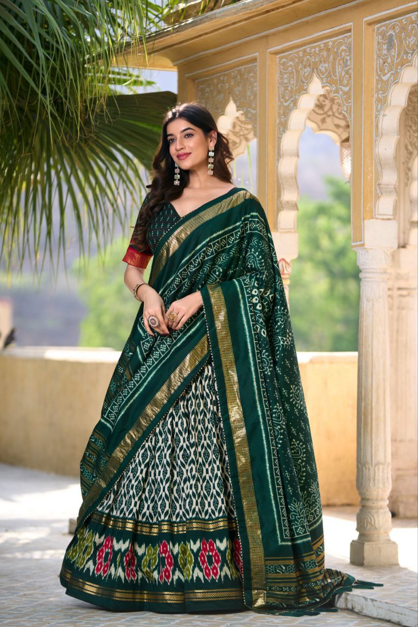 White Tussar Silk Lehenga Choli with Bottle Green Blouse | Patola Print & Foil Work | Wedding & Festive Wear