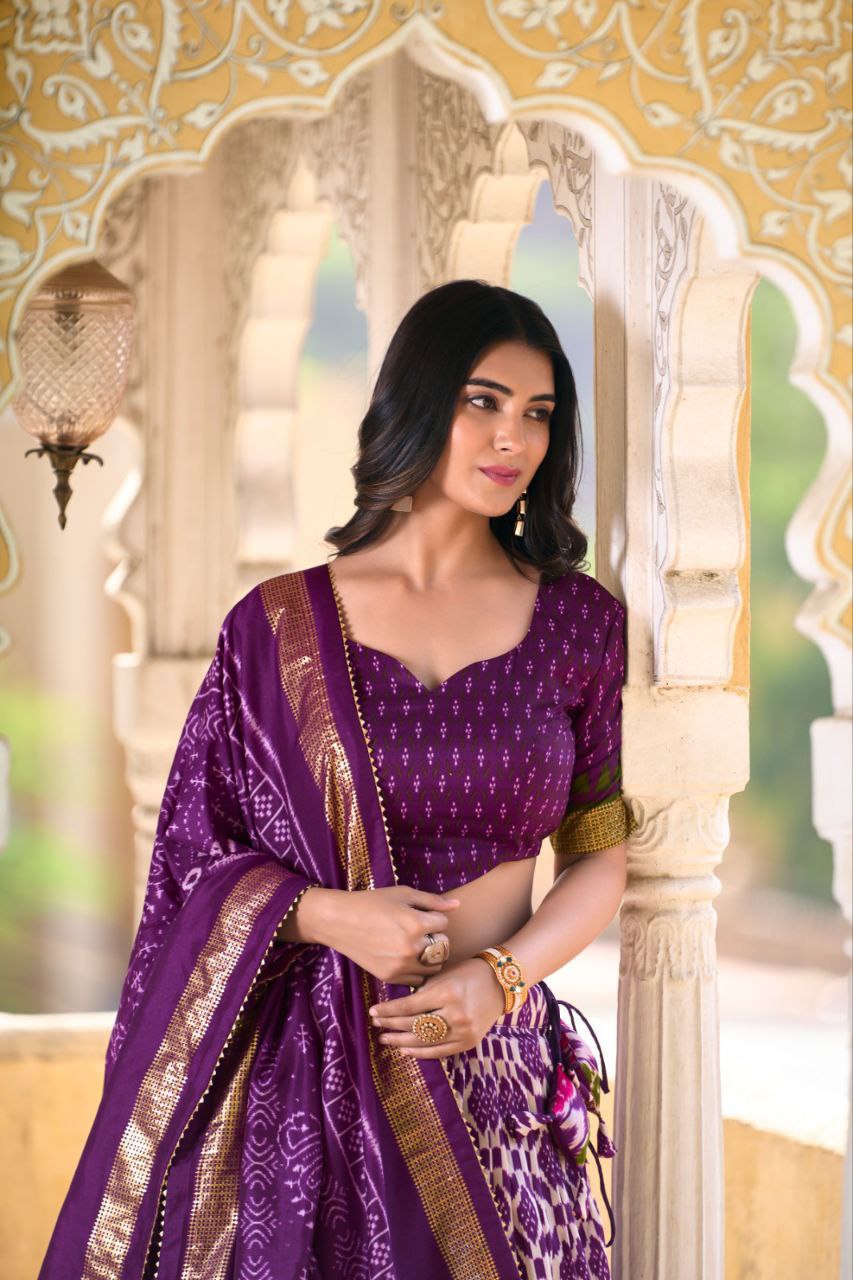 Full Purple Tussar Silk Lehenga Choli with Matching Purple Blouse | Patola Print & Foil Work | Wedding & Festive Wear