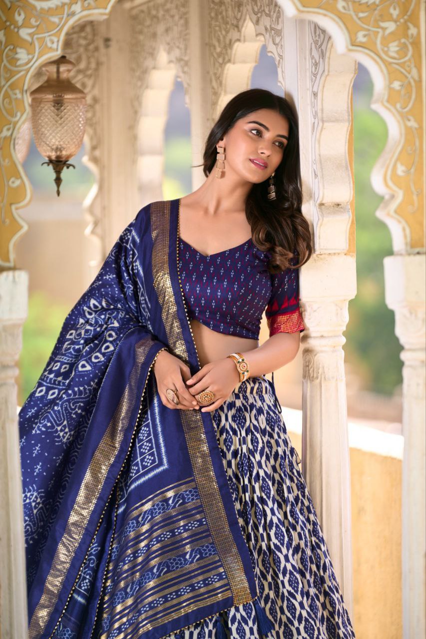 Full Royal Blue Tussar Silk Lehenga Choli with Matching Royal Blue Blouse | Patola Print & Foil Work | Wedding & Festive Wear