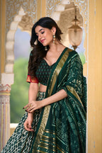 White Tussar Silk Lehenga Choli with Bottle Green Blouse | Patola Print & Foil Work | Wedding & Festive Wear